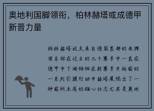奥地利国脚领衔，柏林赫塔或成德甲新晋力量