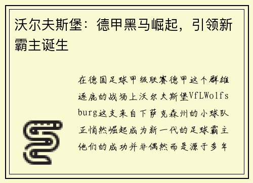 沃尔夫斯堡：德甲黑马崛起，引领新霸主诞生