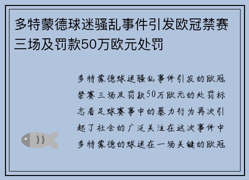 多特蒙德球迷骚乱事件引发欧冠禁赛三场及罚款50万欧元处罚